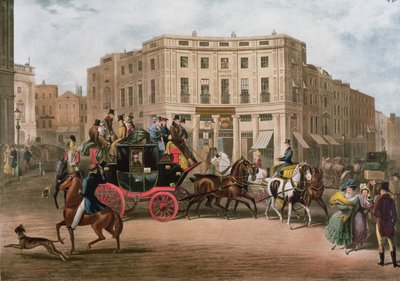 The Age, Brighton Coach am Bull and Mouth, Regent Circus, Piccadilly, graviert von G.V.C. Hunt, 1829 von E. F. Lambert